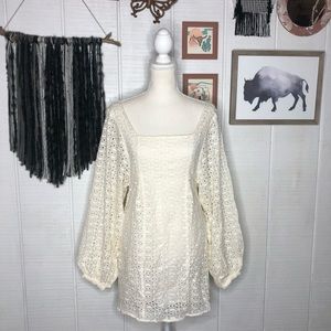 Free People off white eyelet big bishop sleeve boho mini dress w/ bow tie back